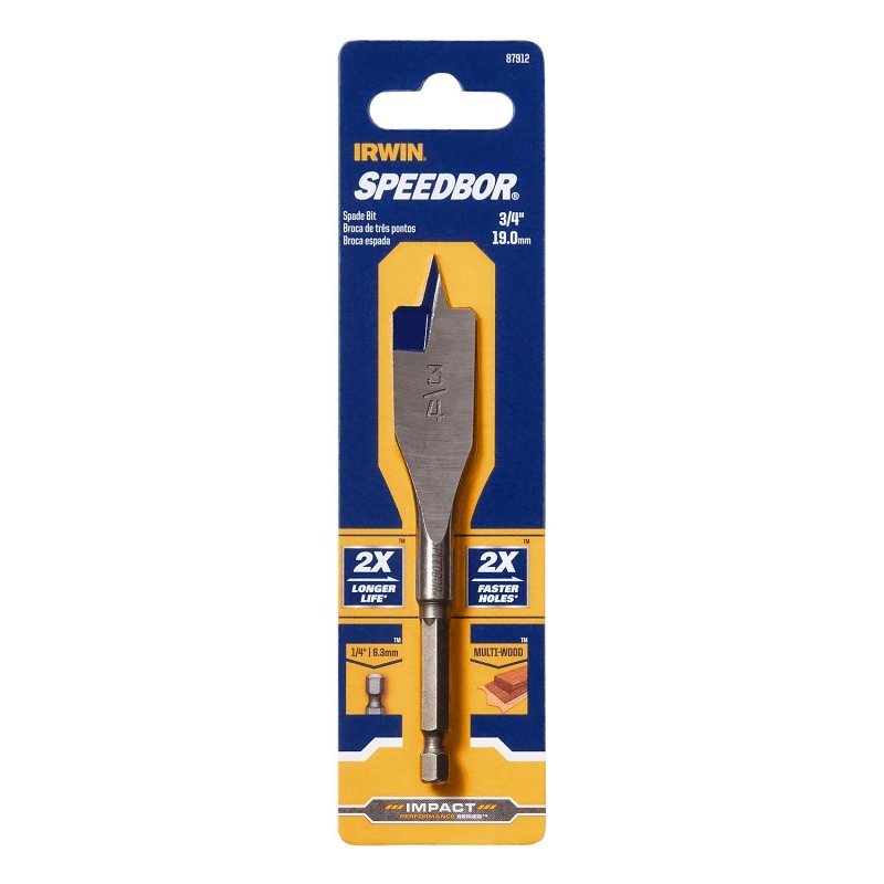 Irwin SPEEDBOR 87912 Spade Drill Bit, 3/4 in Dia, 4 in OAL, Short Length, Flat Flute, 1/4 in Dia Shank, Hex Shank