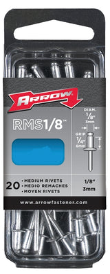 Arrow RMST1/8 Pop Rivet, Medium, 1/4 in Grip, 1/4 in L, Stainless Steel, 20/PK