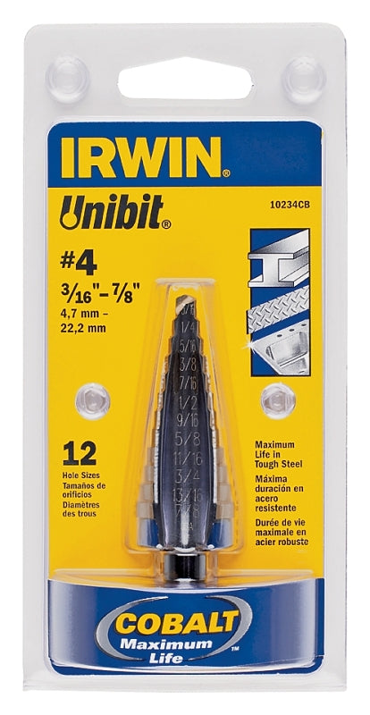 Irwin UNIBIT 10234 Step Drill Bit, 3/16 to 7/8 in Dia, 1-Flute, 3/8 in Dia Shank, Hex Shank
