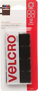 VELCRO Brand 90072 Hook and Loop Fastener, 7/8 in W, 7/8 in L, Nylon, Black, Rubber Adhesive
