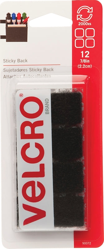 VELCRO Brand 90072 Hook and Loop Fastener, 7/8 in W, 7/8 in L, Nylon, Black, Rubber Adhesive