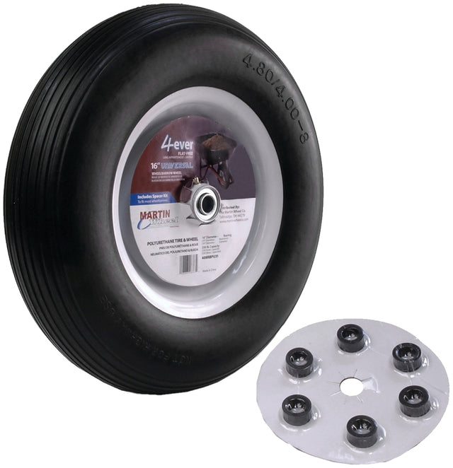 MARTIN Wheel 408RBPU31 Wheelbarrow Wheel with Universal Hub, 4.8 x 4/8 in Tire, 16 in , Ribbed Tread, Flat Free