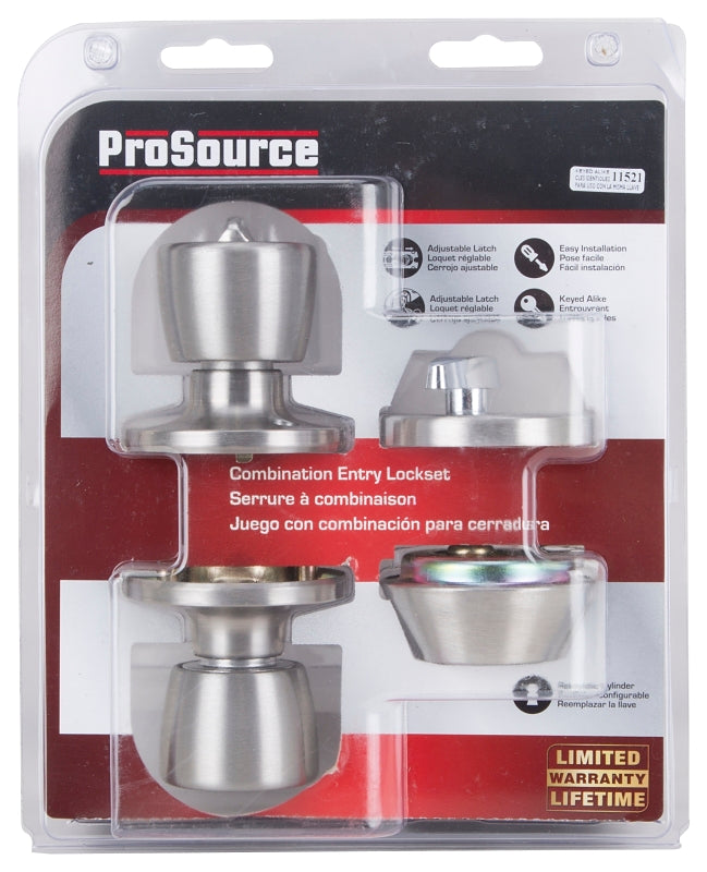 ProSource BS6B1-PS Deadbolt and Entry Lockset, Turn Button Lock, Knob Handle, Tulip Design, Stainless Steel, 3 Grade, Pack of 2