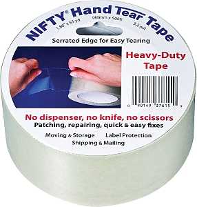 Nifty T3761RTL Hand Tear Tape, 55 yd L, 2 in W, Polypropylene Backing, Clear