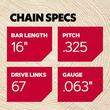 Oregon ControlCut L67 16 in. Chainsaw Chain 67 links