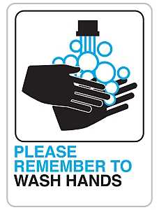 Hy-Ko D-26 Bathroom Sign, Rectangular, PLEASE REMEMBER TO WASH HANDS, Black/Blue Legend, White Background, Plastic, Pack of 5