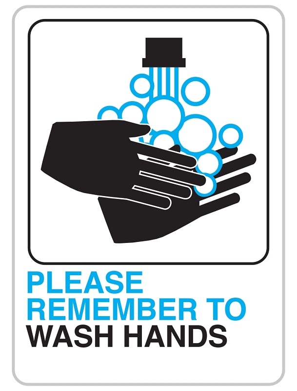 Hy-Ko D-26 Bathroom Sign, Rectangular, PLEASE REMEMBER TO WASH HANDS, Black/Blue Legend, White Background, Plastic, Pack of 5