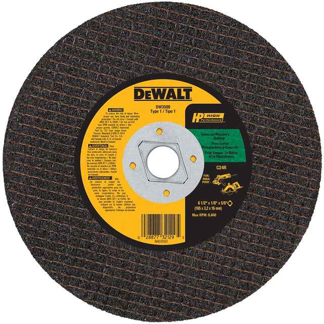 DEWALT DW3509 Abrasive Saw Blade, 6-1/2 in Dia, 1/8 in Thick, 5/8 in Arbor, Silicon Carbide Abrasive