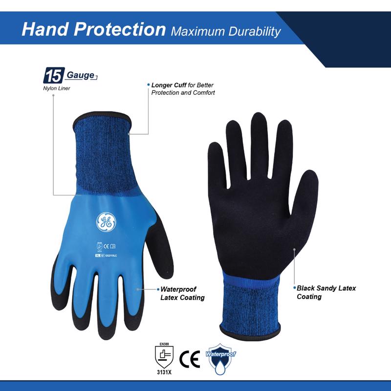 General Electric Unisex Dipped Gloves Black/Blue XL 1 pair, Pack of 12