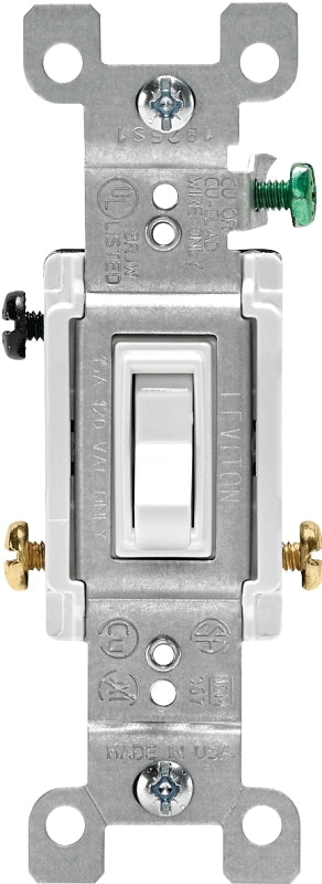 Leviton 1453-2W Switch, 15 A, 120 V, 3-Position, 3-Way, Push-In, Side Wire Terminal, Thermoplastic Housing Material