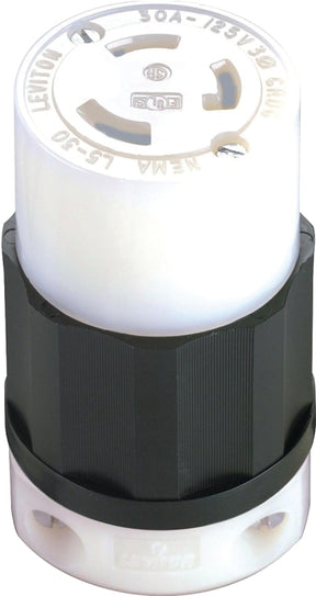 Leviton 165-02613-000 Electrical Connector, 2 -Pole, 30 A, 125 V, NEMA: NEMA L5-30R, Black/White
