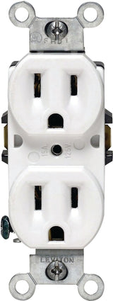 Leviton 218-05248-WCP Duplex Receptacle, Thermoplastic, White, 2-Pole, 15 A, Push-In, Side Wiring, 14 AWG Wire
