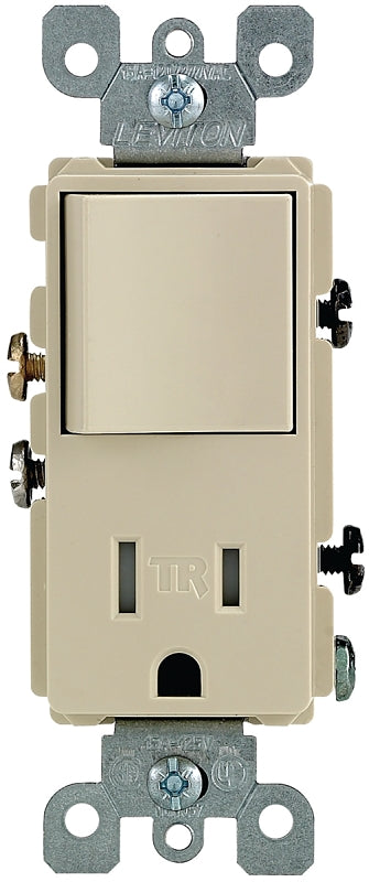 Leviton 5625 Series S01-T5625-0IS Combination Switch/Receptacle, 1-Pole, 15 A, 120 V Switch, 125 V Receptacle, Ivory