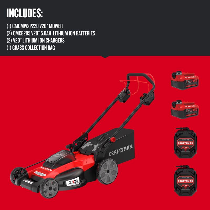 Craftsman V20 2x20V CMCMWSP220P2 20 in. Battery Self-Propelled Lawn Mower Kit (Battery & Charger)