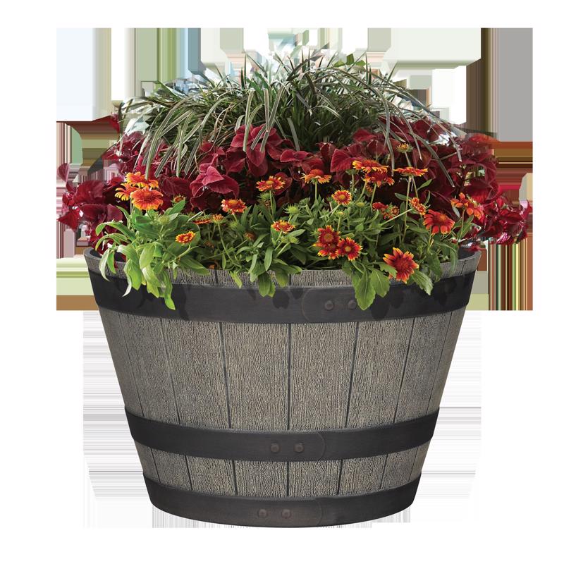L&G 12 in. H X 19 in. W X 19 in. D X 19 in. D Polyresin Whiskey Barrel Planter Oak
