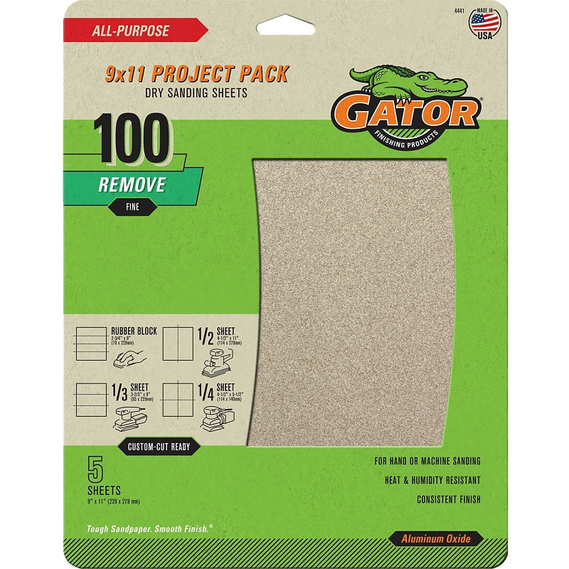 Gator 4441 Sanding Sheet, 11 in L, 9 in W, 100 Grit, Medium, Aluminum Oxide Abrasive