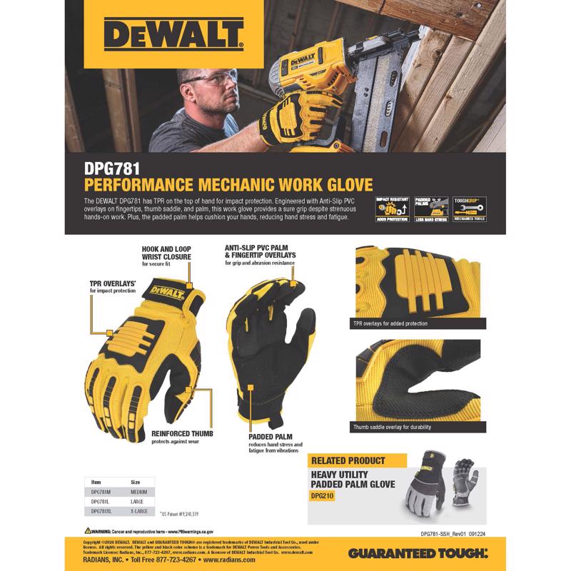 DeWalt Unisex Indoor/Outdoor MECHANIC Mechanic's Glove Black/Yellow XL 1 pair
