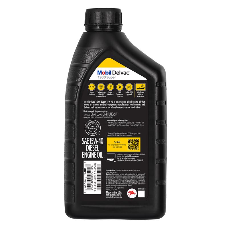 Mobil Delvac 1300 Super 15W-40 Diesel Semi-Synthetic Engine Oil 1 qt, Pack of 6
