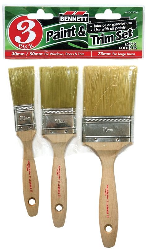 Bennett WOOD 3000 Paint Brush Set, Angular, Includes: 1-1/4 in, 2 in, 3 in Flat Wood Handle Brush, 3-Brush