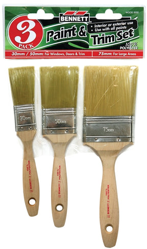Bennett WOOD 3000 Paint Brush Set, Angular, Includes: 1-1/4 in, 2 in, 3 in Flat Wood Handle Brush, 3-Brush