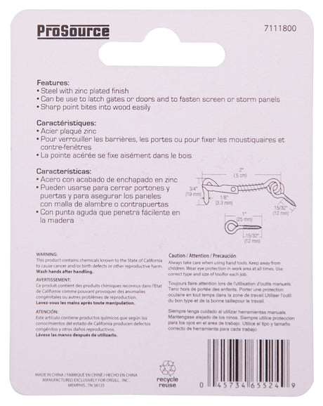 ProSource LR-410-PS Gate Hook and Eye, 1/8 in Dia Wire, Steel