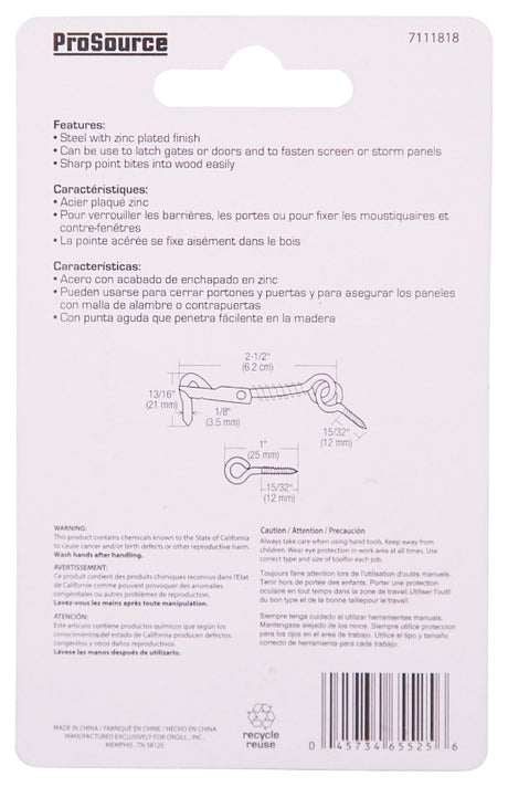 ProSource LR-411-PS Gate Hook and Eye, 1/8 in Dia Wire, Steel