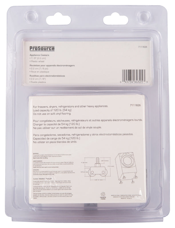 ProSource JC-A01-PS Appliance Roller, 2 in Dia Wheel, 125 lbs Load, Plastic