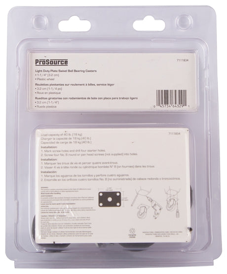 ProSource JC-B01-PS Swivel Caster, 1-1/4 in Dia Wheel, 1/2 in W Wheel, Plastic Wheel, Black, 40 lb