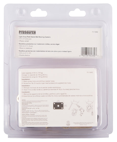 ProSource JC-B02-PS Swivel Caster, 1-1/4 in Dia Wheel, 1/2 in W Wheel, Plastic Wheel, Black, 40 lb