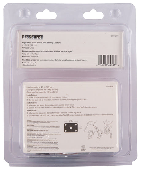 ProSource JC-B03-PS Swivel Caster, 1-1/4 in Dia Wheel, 16 mm W Wheel, Plastic Wheel, White, 40 lb