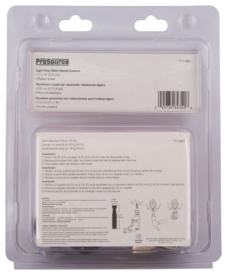 ProSource JC-B06-PS Swivel Caster, 1-1/4 in Dia Wheel, 1-1/4 in W Wheel, Black, 40 lb, Steel Housing Material