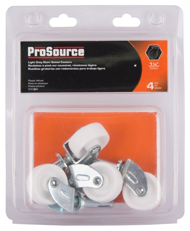 ProSource JC-B07-PS Swivel Caster, 1-1/4 in Dia Wheel, 1-1/4 in W Wheel, White, 40 lb, Steel Housing Material