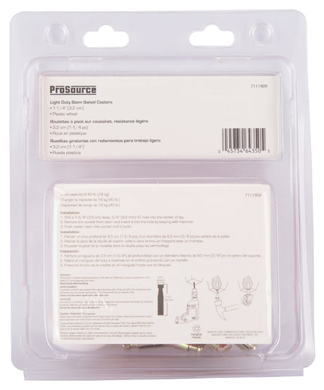 ProSource JC-B08-PS Swivel Caster, 1-1/4 in Dia Wheel, 1-1/4 in W Wheel, White, 40 lb, Steel Housing Material