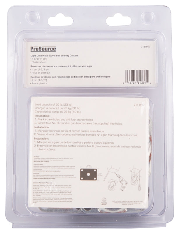 ProSource JC-B09-PS Swivel Caster, 1-5/8 in Dia Wheel, 5/8 in W Wheel, Plastic Wheel, Black, 50 lb