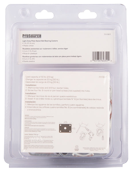 ProSource JC-B09-PS Swivel Caster, 1-5/8 in Dia Wheel, 5/8 in W Wheel, Plastic Wheel, Black, 50 lb