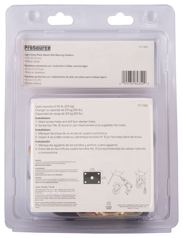 ProSource JC-B10-PS Swivel Caster, 1-5/8 in Dia Wheel, 5/8 in W Wheel, Plastic Wheel, Black, 50 lb