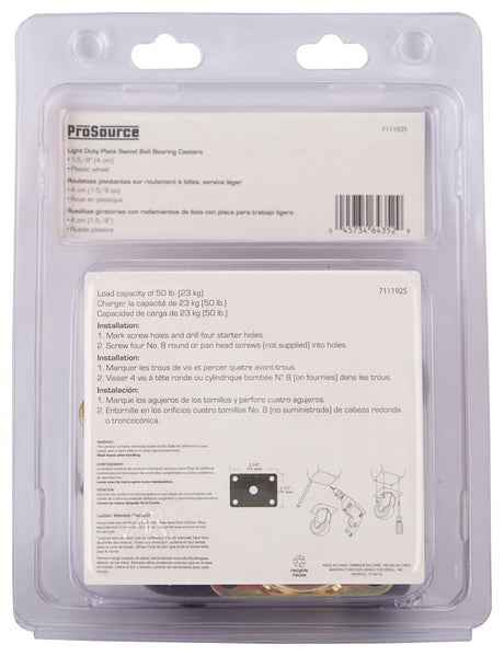 ProSource JC-B10-PS Swivel Caster, 1-5/8 in Dia Wheel, 5/8 in W Wheel, Plastic Wheel, Black, 50 lb