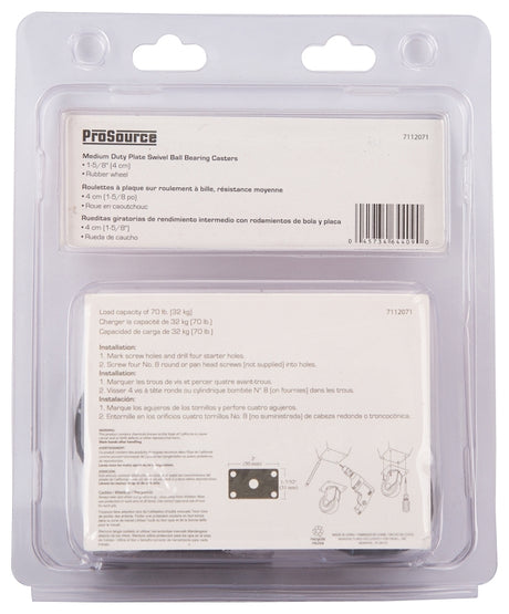 ProSource JC-D02-PS Swivel Caster, 1-5/8 in Dia Wheel, 3/4 in W Wheel, Rubber Wheel, Black, 70 lb