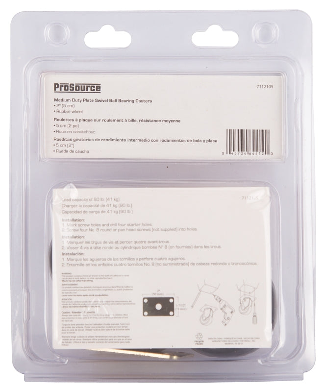 ProSource JC-D05-PS Swivel Caster, 2 in Dia Wheel, 3/4 in W Wheel, Rubber Wheel, Black, 90 lb, Steel Housing Material