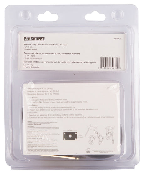 ProSource JC-D05-PS Swivel Caster, 2 in Dia Wheel, 3/4 in W Wheel, Rubber Wheel, Black, 90 lb, Steel Housing Material