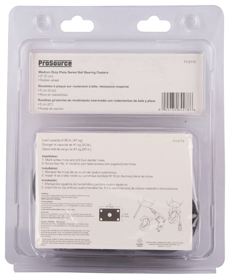 ProSource JC-D06-PS Swivel Caster, 2 in Dia Wheel, 3/4 in W Wheel, Rubber Wheel, Black, 90 lb, Steel Housing Material