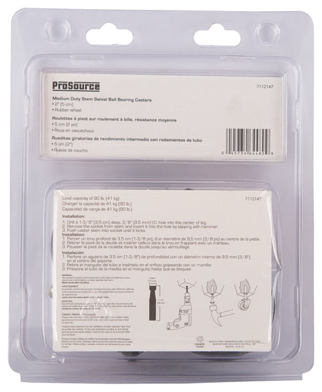 ProSource JC-D08-PS Swivel Caster, 2 in Dia Wheel, 2 in W Wheel, Rubber Wheel, Black, 90 lb, Steel Housing Material