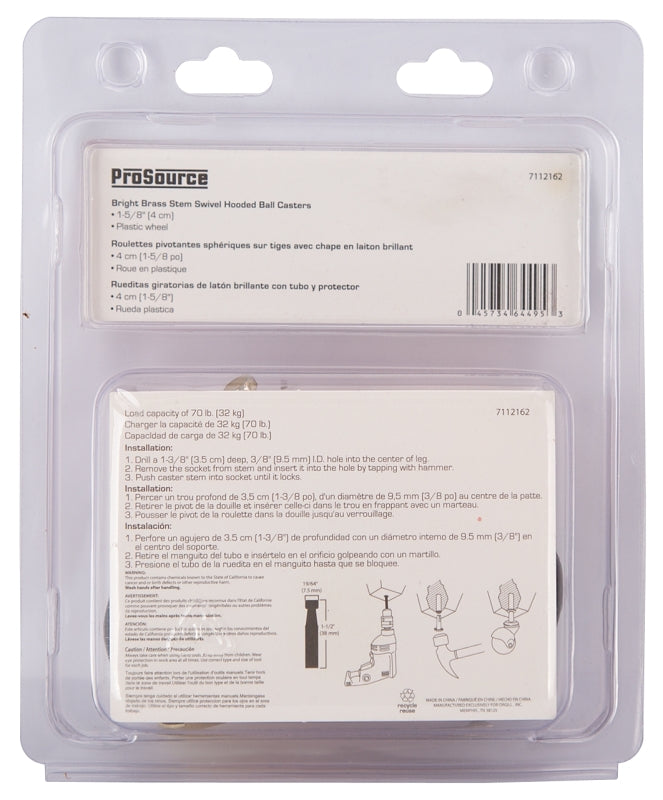 ProSource JC-E02-PS Caster, 1-5/8 in Dia Wheel, 1-5/8 in W Wheel, Black, 70 lb, Steel Housing Material