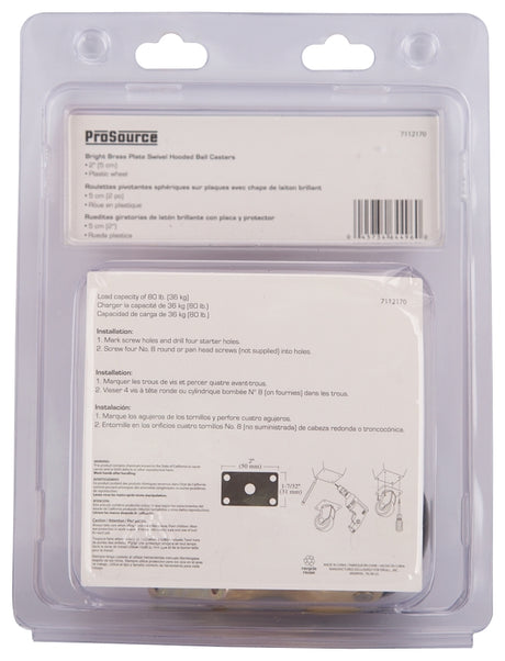 ProSource JC-E03-PS Ball Caster, 2 in Dia Wheel, 2 in W Wheel, PP Wheel, Black, 80 lb, Steel Housing Material