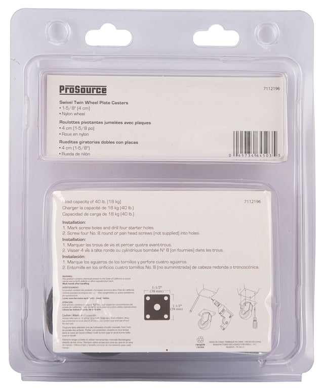 ProSource JC-F01-PS Caster, 1-5/8 in Dia Wheel, 1-5/8 in W Wheel, Nylon Wheel, Black, 40 lb, Steel Housing Material