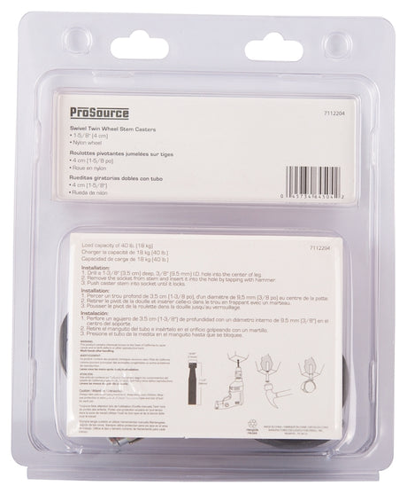 ProSource JC-F02-PS Caster, 1-5/8 in Dia Wheel, 1-5/8 in W Wheel, Nylon Wheel, Black, 40 lb, Nylon Housing Material