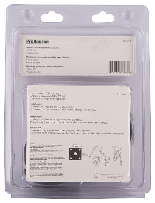 ProSource JC-F04-PS Caster, 2 in Dia Wheel, 47 mm W Wheel, Nylon Wheel, Black, 75 lb, Steel Housing Material