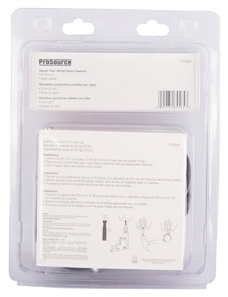 ProSource JC-F07-PS Caster, 2 in Dia Wheel, 2 in W Wheel, Nylon Wheel, Black, 75 lb, Nylon Housing Material