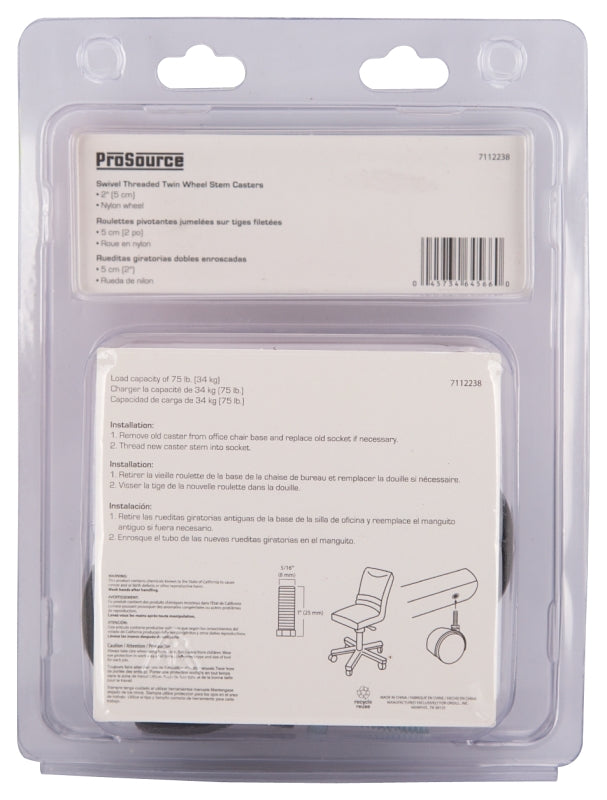 ProSource JC-F08-PS Caster, 2 in Dia Wheel, 2 in W Wheel, Nylon Wheel, Black, 75 lb, Nylon Housing Material