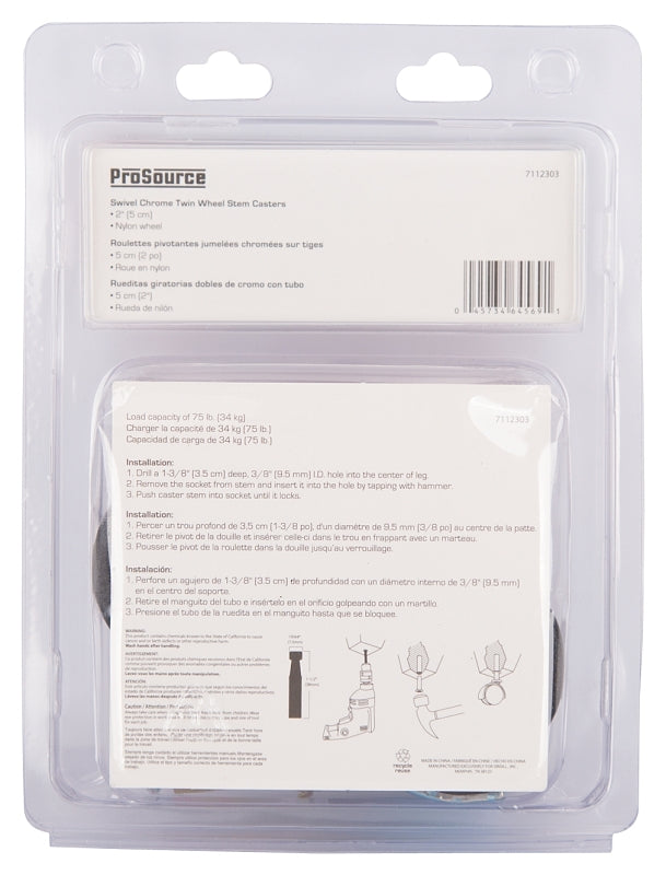 ProSource JC-F13-PS Caster, 2 in Dia Wheel, 2 in W Wheel, Nylon Wheel, Black, 75 lb, Steel Housing Material